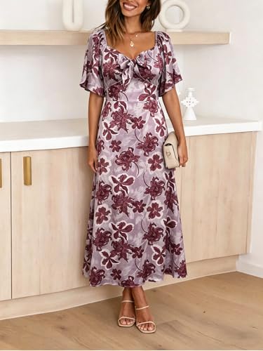 Image of Fashionme Womens Dresses 2026 Maxi Dresses Deep V Neck Elegant Bow Tie Front Cap Sleeve Summer Floral Satin Smocked Dress