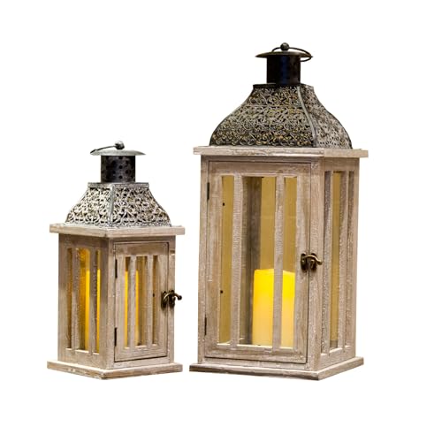 EME Set Farolillos De Madera y Cristal Marrón con Toque Envejecido. Tamaño Mediano Pequeño. Estilo