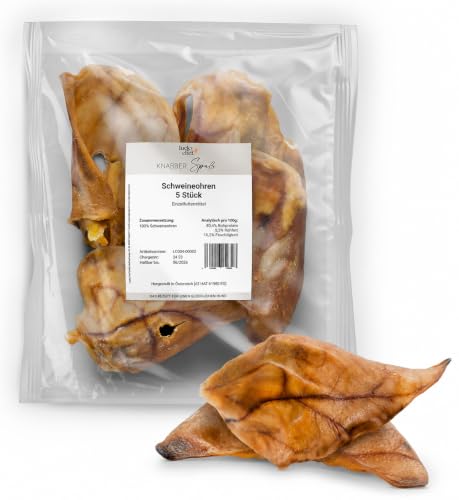 LuckyChef KnabberSpaß Schweineohren 5 Stück natürlicher Kauartikel für Hunde Leckerli & Zahnpflege ohne Zusatzstoffe 100% Schwein schonend luftgetrocknet