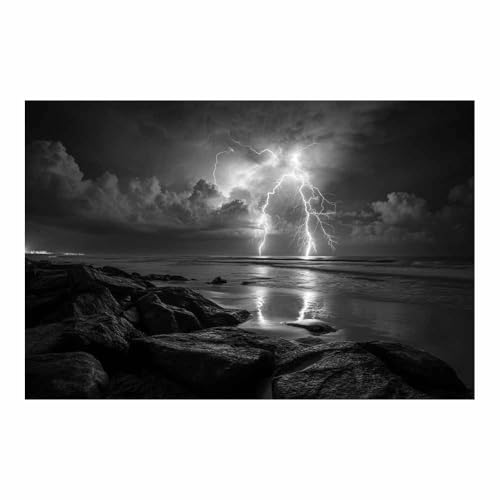 DMZPKZB Pintura sobre lienzo en blanco y negro Vista al mar del rayo Grande Dormitorio Cuadros Pared Imágenes, Cuadros Decoracion Salon Wall Art Prints Decor（Blanco y negro-70x100cm Sin marco