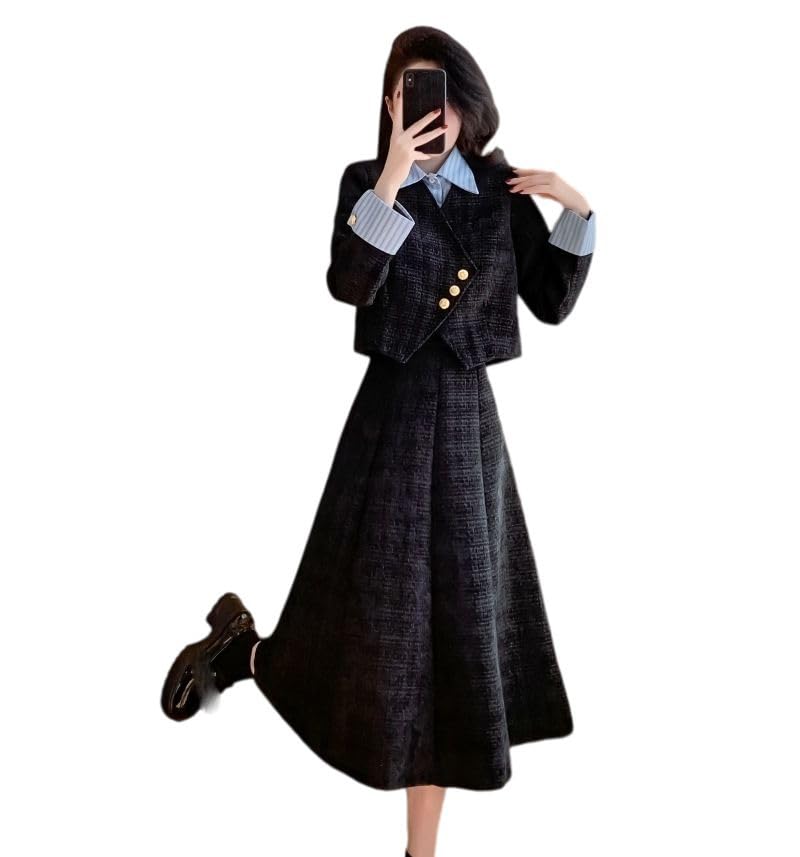 Ensemble tweed coréen femme jupe et veste courte style patchwork