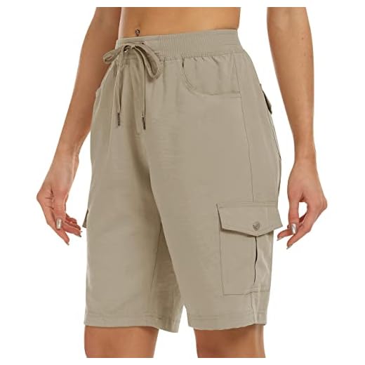 JINSHI Short Femme Cargo Pantalon Court Décontracté d'été Léger Bermuda d'extérieur Randonnée avec Plusieurs Poches Kaki EU M