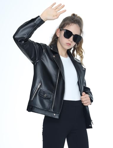 Mebius Girls Oversize Leather Jacket Kids Long Sleeve PU Faux Leather Pockets Youth Zip Up Outerwear Coats4