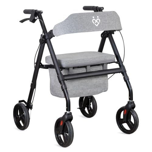 ForeverSenior Rollator faltbar & leicht 9 kg mit Sitz – Rollatoren für Senioren – stabile Konstruktion aus Stahl, Tasche & gepolsterte Rückenlehne, Rollator schmal für Wohnung & Outdoor
