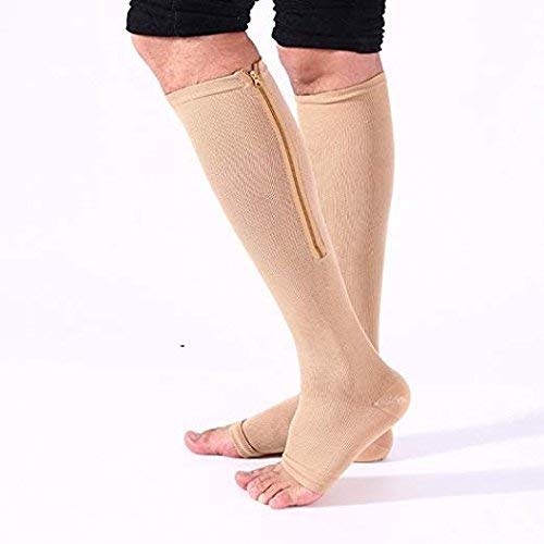 (2 Pairs) Compression Socks, New Compression Zip Sox Socks Stretchy Zipper Leg Support Unisex Open Toe Knee Stockings (Beige, S/M)