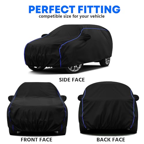 Image of Water-Resistant Dustproof Car Cover for Maruti Swift VXI - Mirror Pocket, UV Protection, Scratch Guard, Buckle Belt, Front & Back Bottom Elastic with Blue Piping - Black