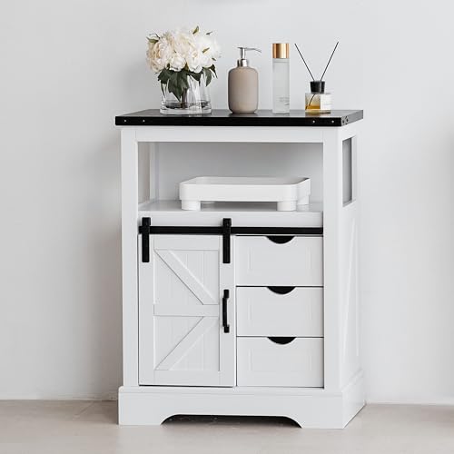 Real Relax Bathroom Floor Cabinet, Rustic Storage Cabinet with Sliding Barn Door & Convenient Storage Drawers, Ideal Solid Cabinet for Bathroom, Kitchen, Living Room, Bedroom