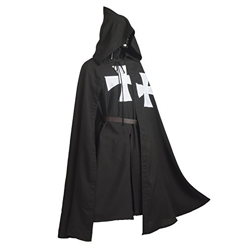 BLESSUME Medieval Templar Knight Tunic Cloak Belt Cosplay Costume Set (Black 2)