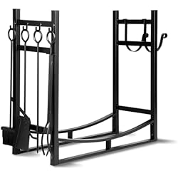 Randaco Estantería para leña interior y exterior, estantería para leña con utensilios para chimenea, estantería de metal exterior, ayuda para apilar chimenea y horno, soporte de madera para leña