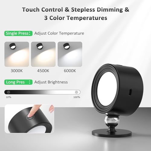 Image of Racokky LED Wall Lights 2 Pcs with Remote, Wall Sconces Lighting 3000mAh Rechargeable Battery Operated, 3 Color Temperatures & Dimmable Magnetic 360 Rotation Cordless Lamp for Bedroom Hallway(Black)