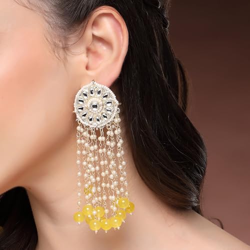 Image of Zeneme Earring Gold Plated Beaded Handcrafted Bahubali Inspired Devsena Jhumka Fringed Dangle Jewellery For Girl And Women