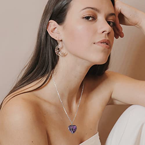 Top Plaza Natural Amethyst Healing Crystals Necklace Silver Life Tree Wire Wrapped Heart Shape Stone Pendant for Womens Ladies Mothers Day Gifts