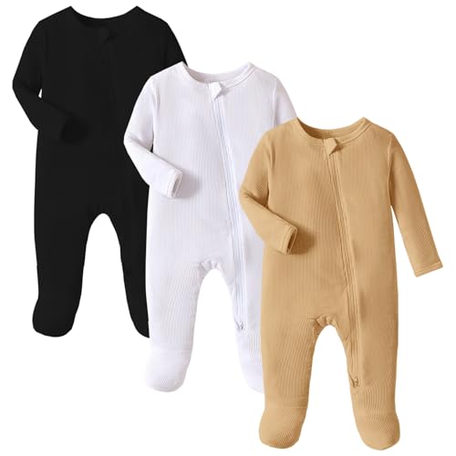 Image of OPAWO Newborn Footie Pajamas with Mitten Cuffs Double Zipper Sleepers Baby Boy Girl Onesie Footed One-Piece Romper 0-6 Months