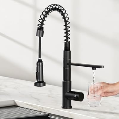 CREA Kitchen Faucets with Water Filter Faucet Buil-in,3 Way Drinking Water Faucet for Kitchen Sink,Black Kitchen Faucet with Pull Down Sprayer,Rotatable Spring Gooseneck Stainless Steel Single Handle