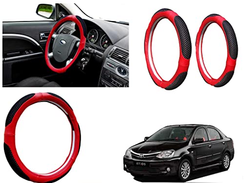 Image of Microfiber Car Steering Wheel Cover, Soft Padding Great Hand Feel, Anti-Slip, Faux Leather Steering Cover for Toyota Etios | Black Red Jali - Pack of 1