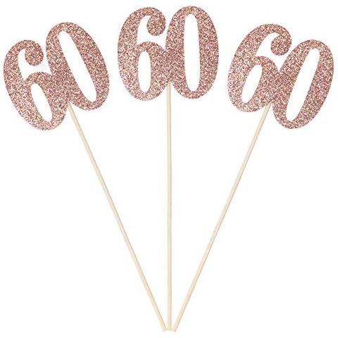 Set of 6 Number 60 Centerpiece Sticks Rose Gold Glitter 60th Birthday Table Centerpieces Flower Toppers Party Supplies Cover