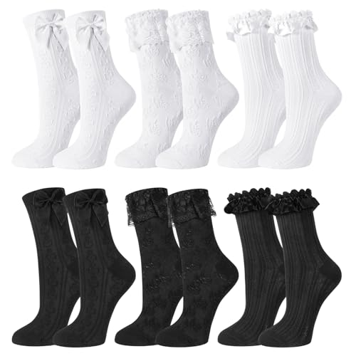 Zuimei 6 Pairs White Black Frilly Ruffle Socks for Women Girls Ladies Lace Ruffle Frilly Ankle Socks Cotton Princess Dress Trainer Liner Sock UK 4-7