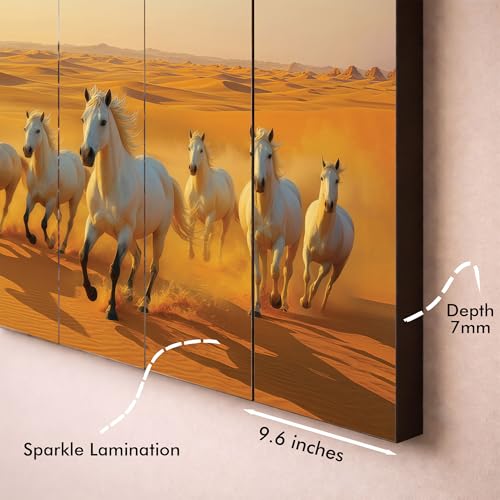 Image of The Castle Decor Running Horses with Rising Sun Vastu Painting | Wooden Frame Multi-Panel Wall Art for Living Room (Multi Color - Design 9, 27x48 Inch)