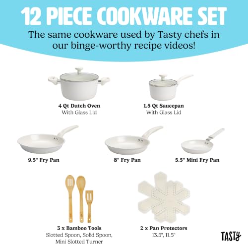 Tasty Ceramic Pots and Pans Set, Healthy Nonstick Cookware Set, Soft Touch Stay Cool Handles, Made without PFAS, PFOA, PFOS and PTFE, Even Heating, Dishwasher Safe, 12-Piece, White by Tasty - Used condition - Image 4