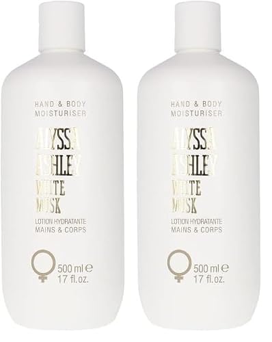 Alyssa Ashley - Crema Corpo e Mani Dopo Doccia o Bagno al Muschio Bianco, Lozione Musk per Pelle Idratata, Sana, Elastica e Giovane - Adatto a Tutti i Tipi di Pelle - 500ml (Confezione da 2)