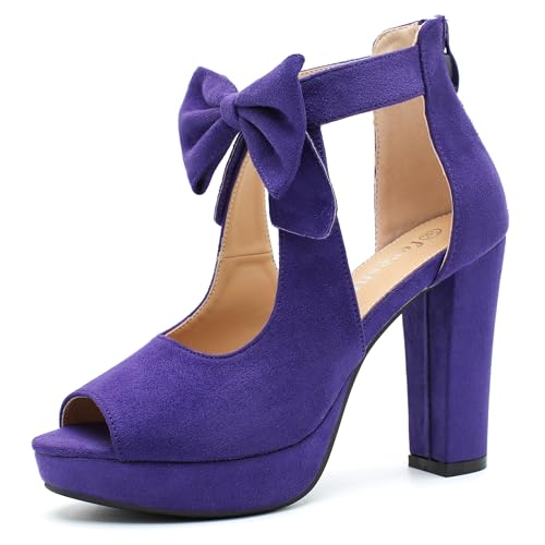 Image of fereshte Women's Bow Chunky Heel Sandals, Platform High Heel, Peep Toe, 3.94 Inch Block Heel