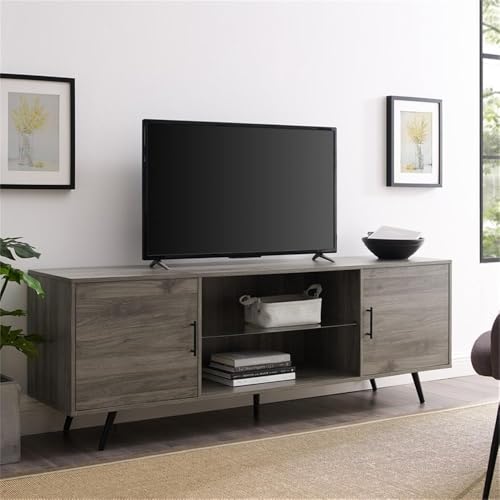 Walker Edison Saxon Mid Century Modern 2 Door Glass Shelf TV Stand for TVs up to 80 Inches, 70 Inch, Grey - Thumbnail 2