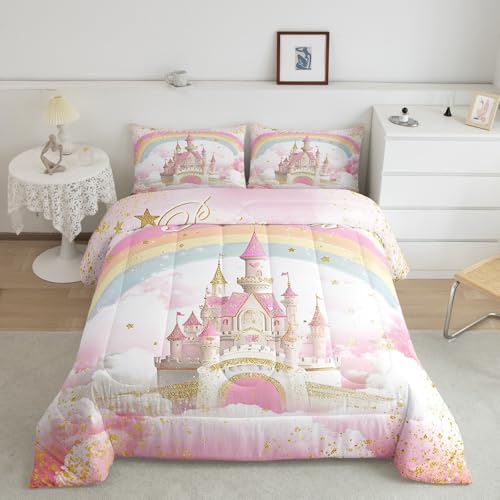 Feelyou King Size Pink Castle Comforter Set Princess Theme Bedding Set Castle Princess Comforter for Kids Boys Girls Pink Duvet Insert Kids Bedroom Decor with 2 Pillow Case