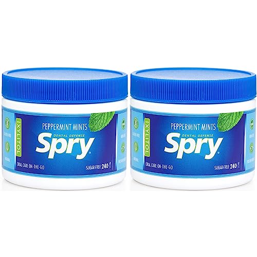 Spry Xylitol Peppermint Miętówki Bez Cukru – Wspierają higienę jamy ustnej, stymulują naturalne wydzielanie śliny, pomagają zachować świeży oddech, Non-GMO, Bezglutenowe, 240 Count (Pack of 2)