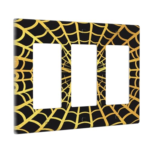Decorative Outlet Covers Black Background with Golden Spiderweb Spider 3 Gang Outlet Cover Wall Plate Triple Rocker Light Switch Cover Plate Switch Plate Covers for Home Decor