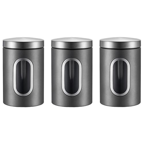 Simcat Tea Coffee Sugar Jar 1500ml Kitchen Canister Set of 3 with viewing window, 3Pcs Stainless Steel Storage Jars, Airtight Dried Food Storage Container (Silver)
