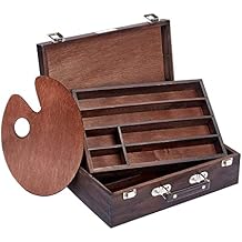 KINGART Wood Art Storage Box With Espresso Stain, 2-Tier Wood Case with 10 Dividers, Holds Markers, Paint, Brushes, Pencils, And More