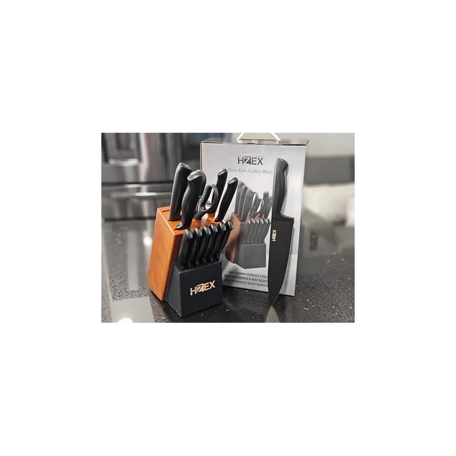 Premium-Kitchen-Knife-Set-13-Piece-Knives-Set-in-Block-Built-in-Sharpener-High-Carbon-Stainless-Steel-Knives-in-Matte-Black-Durable-Chefs-Butcher-Steak-Paring-Utility-Bread-Knifes HZEX Premium Kitchen Knife Set, 13-Piece Knives Set in Block, Built-in Sharpener, High Carbon Stainless Steel Knives in Matte Black, Durable Chef's Butcher Steak Paring Utility Bread Knifes