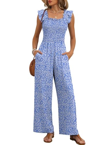 Caracilia Jumpsuits for Women Dressy Casual Smocked Ruffle Cap Sleeve