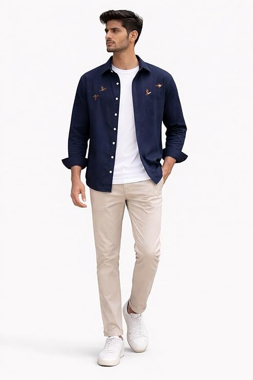 Image of Men's Cotton Blend Casual Wear with Bird Embroidery | Regular Fit Full Sleeve Button Down | Lightweight Summer Style for Daily, Office & Party