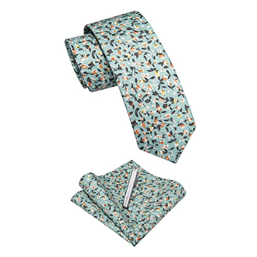 Yourties 2.5" Men's Skinny Tie Cotton Light Blue Floral Printed Necktie Tie Clip And Pocket Square Sets #TOP12