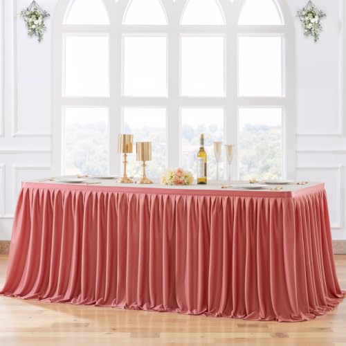 Partisky Rosy Pink Polyester Table Skirt for Rectangle Tables 6ft, Wrinkle Resistant Pleated Ruffle Table Cloth for Wedding Baby Shower