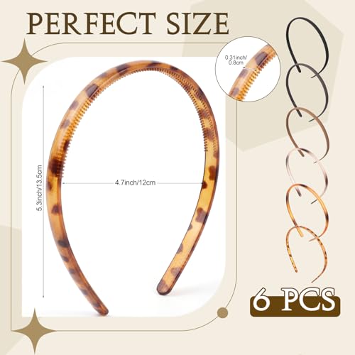 WILLBOND 6 Pieces Plastic Headbands for Women Thin Headband with Teeth Plain Head Bands for Halloween Christmas Women's Hair (8 mm,Multicolor Tortoise Series)
