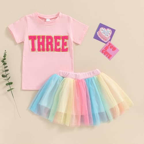 Image of Toddler Girl Birthday Outfit 2 /3 /4 /5 /6 Print Short Sleeve Shirt 2nd /3rd /4th /5th /6th Tutu Skirt Summer Clothes