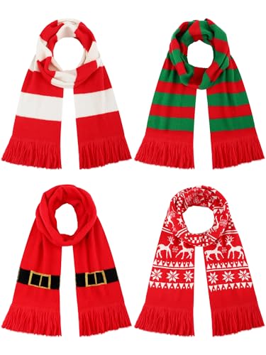 Liitrsh 4 Pcs Unisex Christmas Scarf Christmas Theme Scarves Winter Knitted Scarf Wrap Winter Warm Long Scarf with Tassels, 71inch