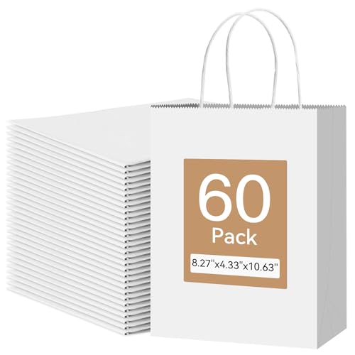 Qioxiou 60 Pack White Gift Bags 8.27x4.33x10.63 Medium Kraft Paper Gift Bags with Handles Bulk, White Paper Sacks for Wedding Birthday Party Favor, Retail, Merchandise, Grocery, Shopping, Business