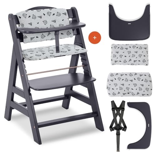 hauck Trona Alpha Plus con bandeja y asiento acolchado – Silla de bebé creciente de madera, trona para niños a partir de 6 meses, ajustable, gris oscuro