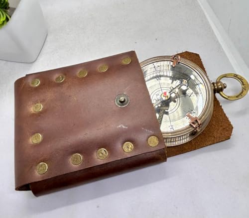 Brújula Náutica de Latón Artesanal Antigüa con Estuche de Cuero Estilo Vintage para Camping y Senderismo miniatura 5