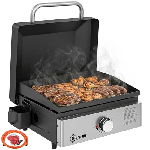 Outsunny Grill Griddle Portable Gas Plancha 3.5 kW Tabletop Gas BBQ with Grease Cup for Camping Picnic Patios Black