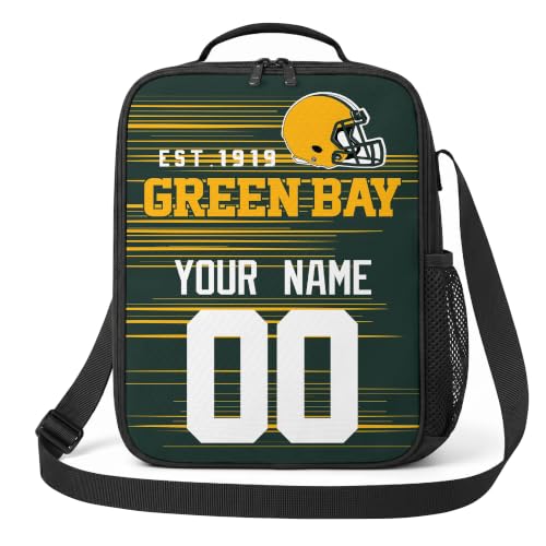 Image of Green Bay Lunch Bag Custom Name and Number Personalized Gifts | Custom Personalized Lunch Box for Men Women