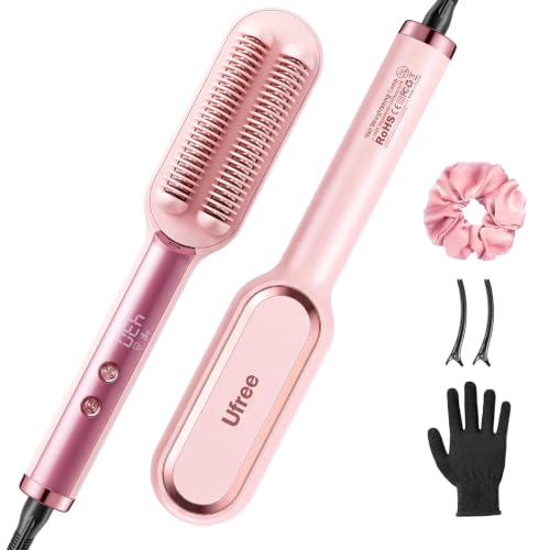 Ufree Hair Straightener Brush for Women, Double Row Ionic Hot Comb, Pink