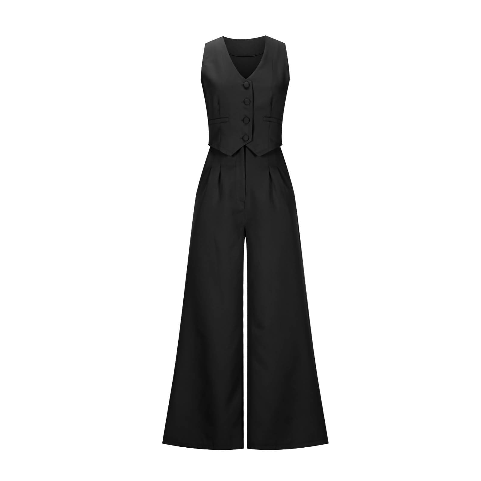 Generisch Traje de pantalón de mujer de 2 piezas con cuello en V chaleco sin mangas blazer y pantalones anchos elegante atuendo de negocios para oficina y boda