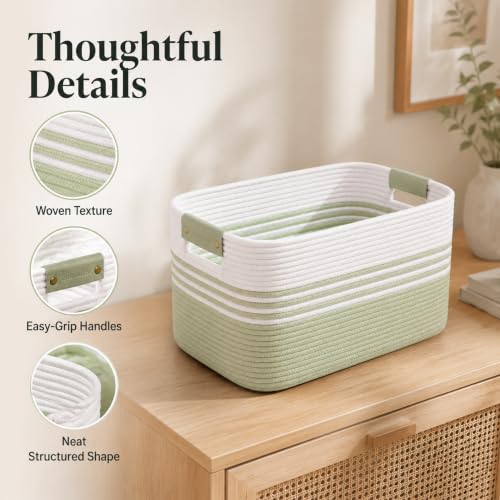 Image of 25.4GAL Collapsible Cotton Rope Extra Large Storage Basket For Bedroom Closet, Boho Rectangular Short Hamper Woven Storage Baskets for Living Room Throw Pillows Blankets Dirty Clothes, White Green