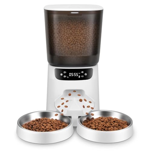 Automatic Cat Feeders for Two Cats, 5L/20 Cups Double Automatic Cat Food Dispenser with 2 Stainless Bowls, Timer Setting 20 Portions 6 Meals Per Day, 10s Meal Call, Pet Feeder for Dog