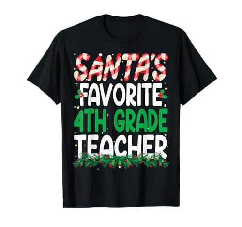 Funny Santa's Favorite 4th Grade Teacher Christmas t-shirt, Preto, S
