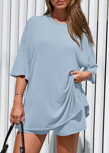 KIRUNDO 2 Piece Sets for Women Summer Lounge Sets Casual Oversized Tshirts Shorts Matching Airport Travel Outfits Postpartum(Light Blue, Medium) — view 3